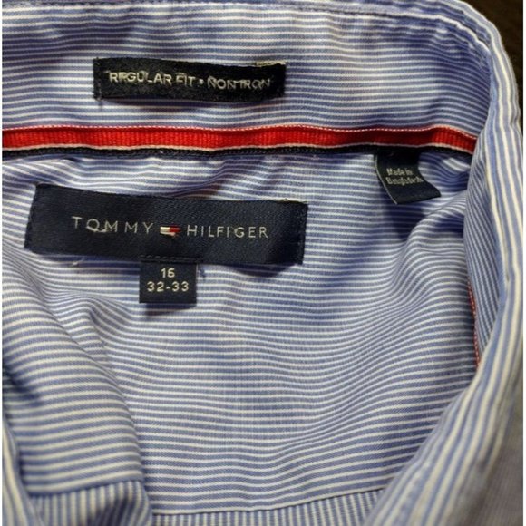 Mens Medium 16 32-33 Blue & White Pinstripe Tommy Hilfiger Long Sleeve Dress Shi - Picture 1 of 8